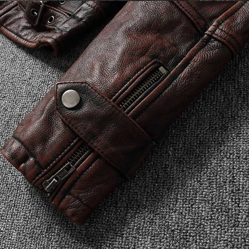 Top layer Cow Oversized Leather Jacket Red-Brown American retro Motorcycle Style Color Distressed High Sense Coat X2502131