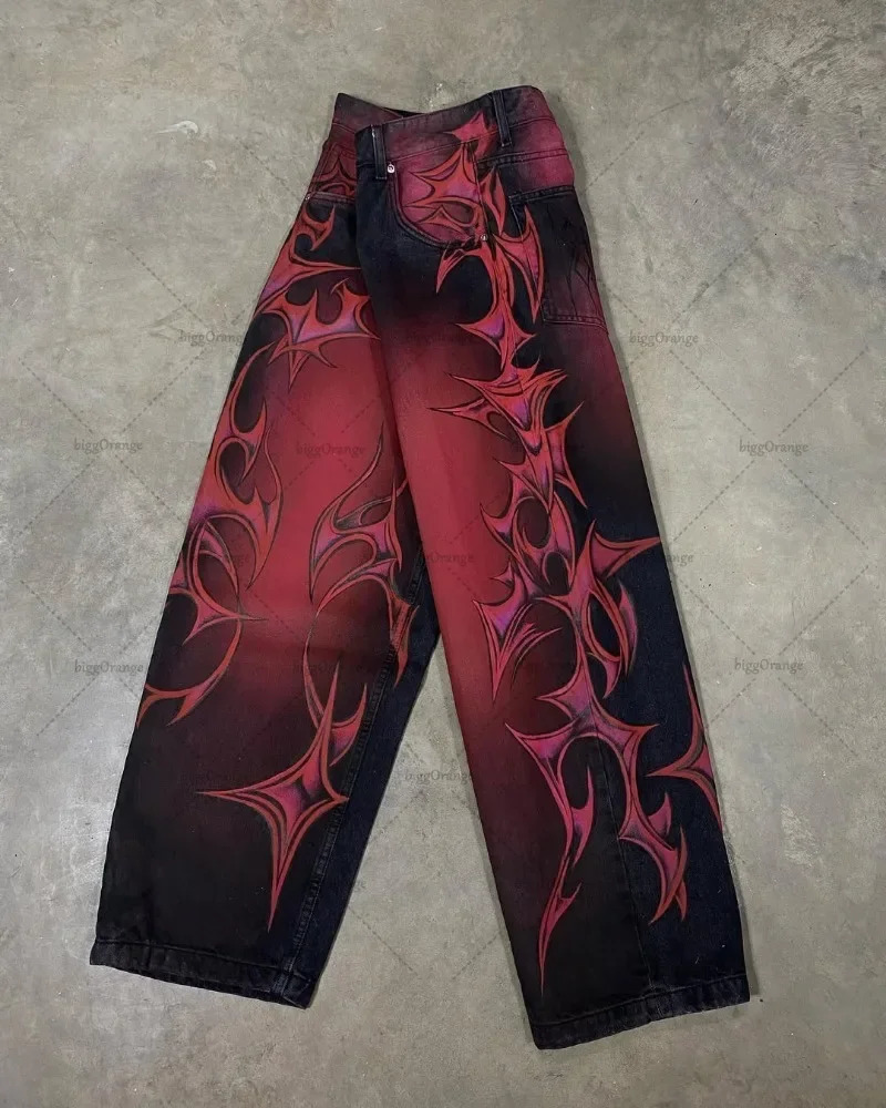 Y2K Loose Gothic Punk Pattern Printed Jeans Street Clothing Hip Hop Straight Pants High Street Harajuku Retro Loose Casual Trousers 250210