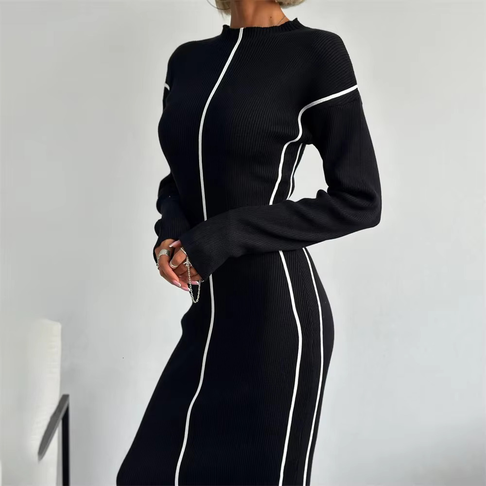High Street Bright E Decoration Autumn 2024 Women Elegant Slim Dyeing O Neck Long Sleeved Designer Vintage Dresses