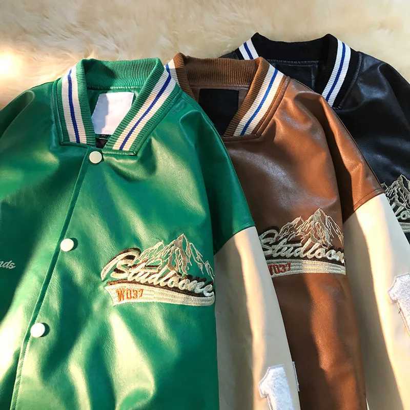 Spring and Autumn New American Retro PU Leather Embroidered Jacket Mens Fashion Street Loose Color Matching Bomber Jacket X250213