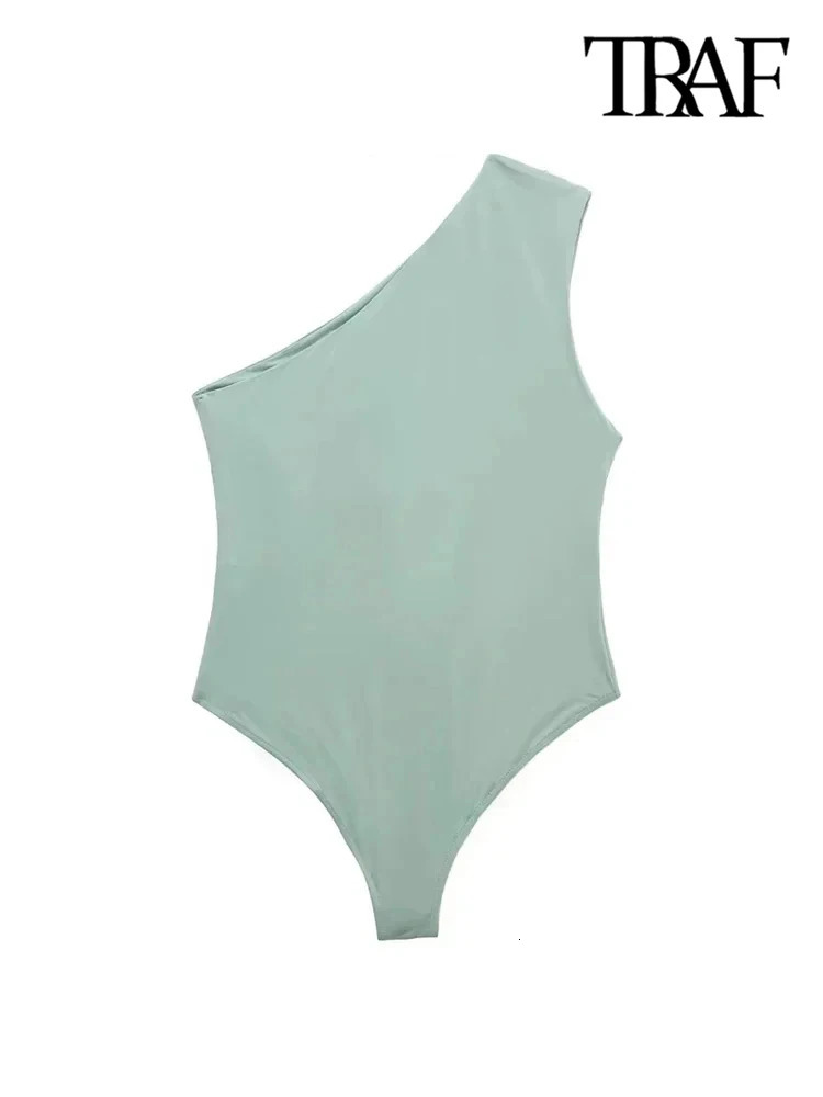 TRAFWomens Ruched Asymmetric Bodysuits One Shoulder Wide Straps SnapButton Female Playsuits Sexy Fashion 250211