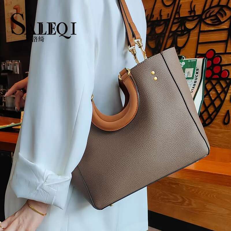 New Genuine Leather Women's Retro Casual Contrast Tote Commuting Large Capacity One Shoulder Handbag Crossbody Bag