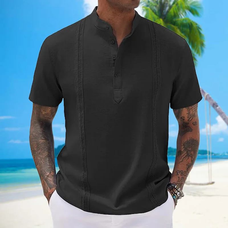 Mens stand collar solid color Cuban cotton hemp beach pullover short-sleeved slim-fit quick dry suction Han-white sports mens 250211
