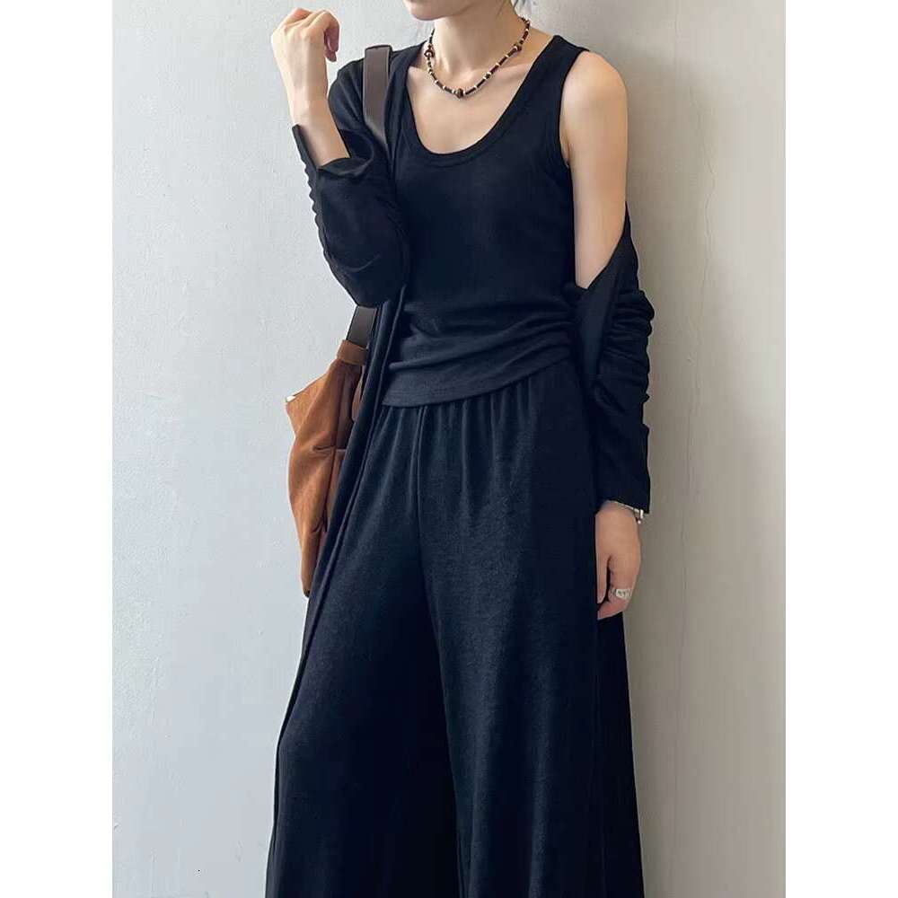 Knitting 3 Piece Set Women Fit Vest Long Sleeve Cardigan Coats Elastic High Waist Pants 2025 Autumn New