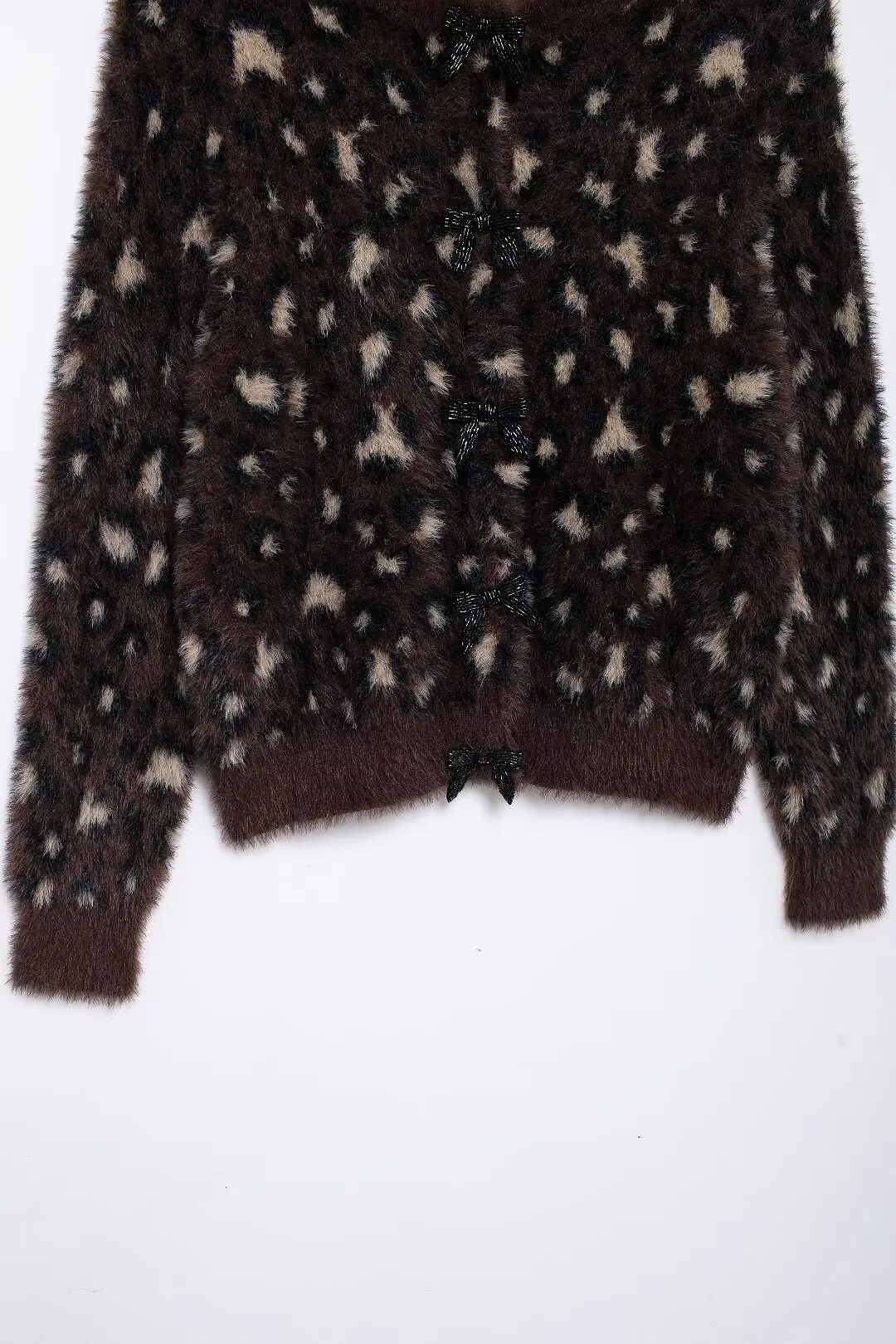 European and American style faux fur effect round neck bow knit cardigan wool sweater for women soft and versatile sweater jacket 250206