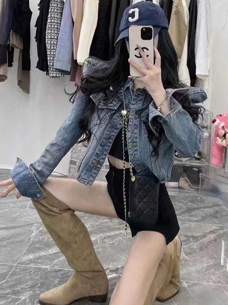 American Vintage Cropped Jackets Women Denim Chic Design Hip Hop Streetwear Young Slim Outwear Long Sleeve New Spring Popular X250213