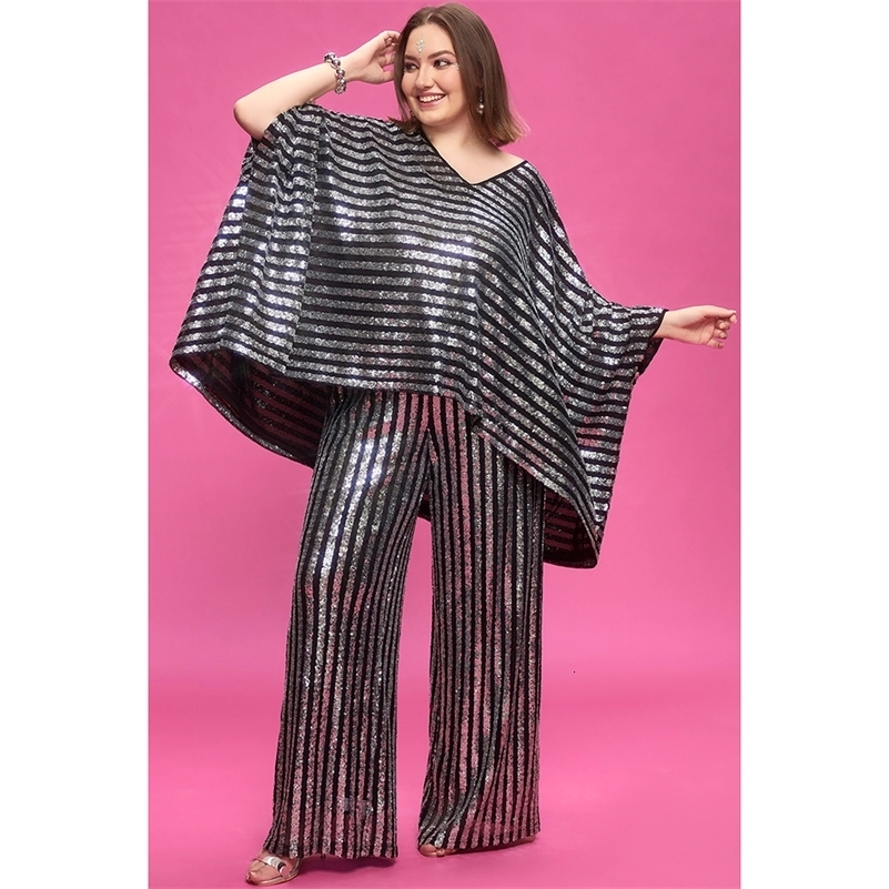 Plus Size Party Silver Fall Winter V Neck Batwing Sleeve 34 Pocket Sequin Two Piece Pant Sets y250122