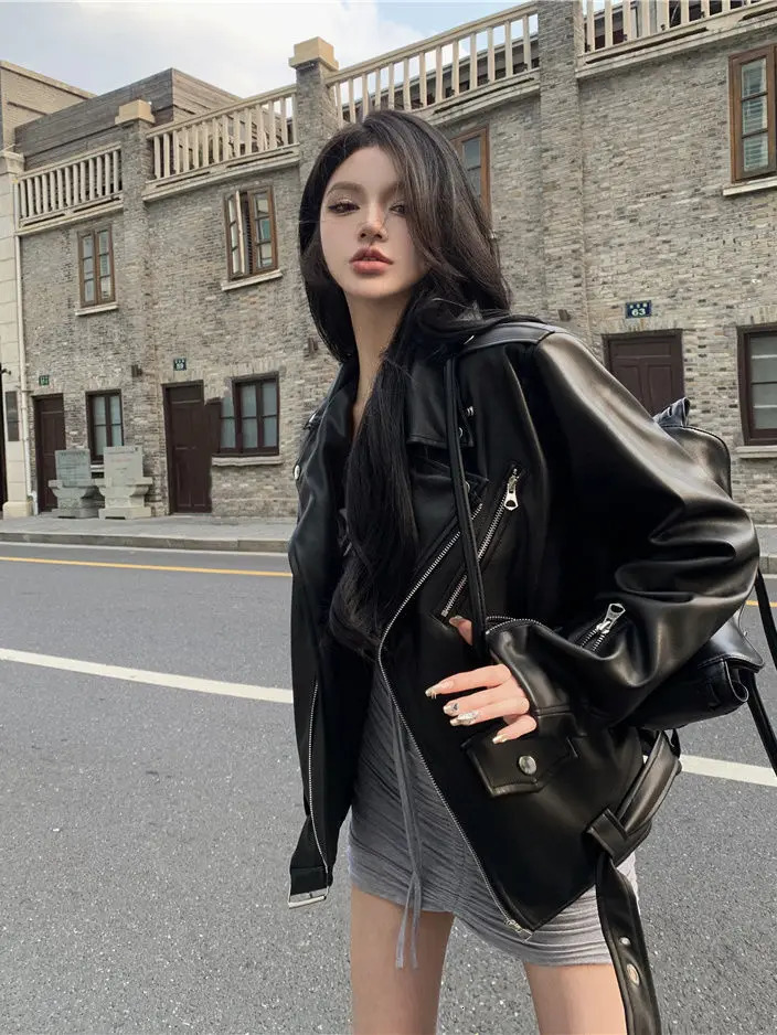 Y2K Fashion American Trend PU Leather Jacket and Coat Womens Street Hip Hop Loose Zipper Jacket Neutral Motorcycle Leather Jacket 250208