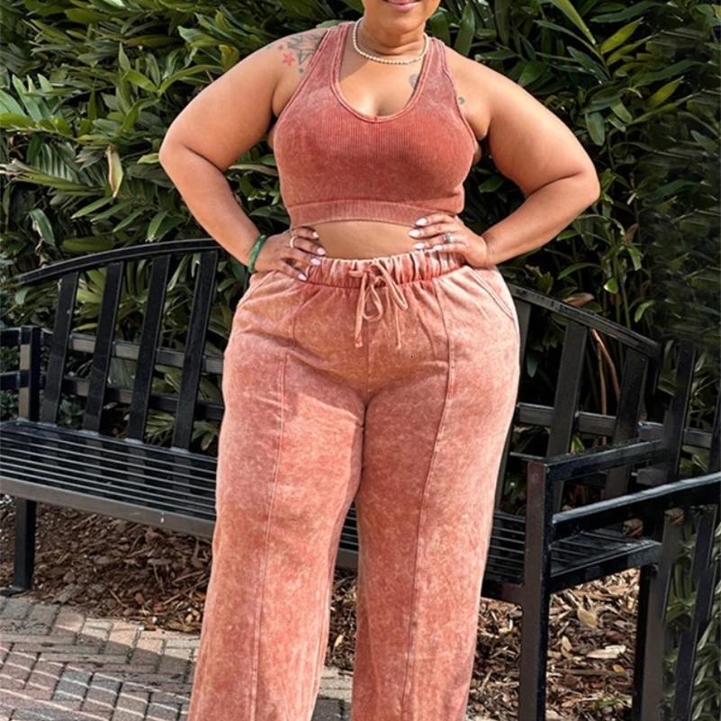 CM YAYA Plus Size Tie Dye Printed Womens Set Sleeveless Mini TopWide Leg Straight Pants Washing Two Piece y250122