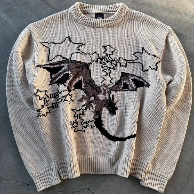Y2K Mens fashionable pullover Harajuku Round Neck loose Streetwear Gothic HipHop Cartoon Flying Dragon Pattern embroidery Sweater 250211