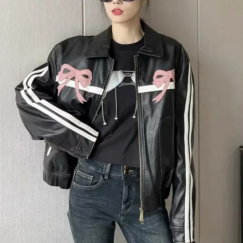 Womens Winter Jacket Women Vintage Faux Leather Coat Fashion Pu Lapel Collar Bow Zipper Overcoat Female Casual Tops Clothing 250206
