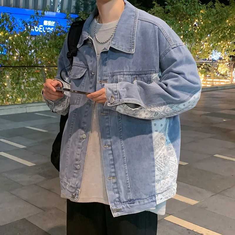 Spring and Autumn mens casual loose retro jacket with open collar floral denim jacket X250213