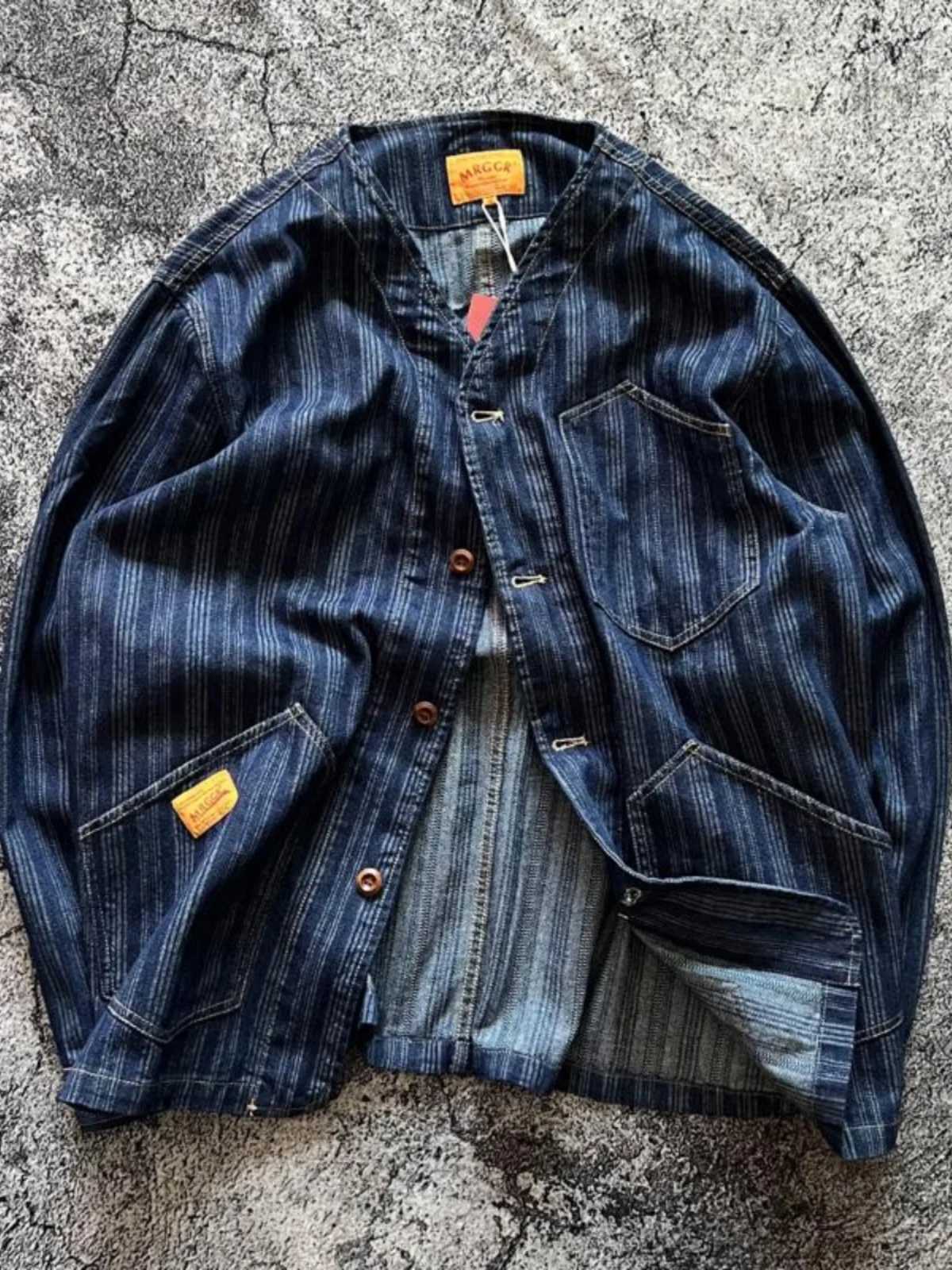 Japan Retro Collarless Layered Deep Blue Vertical Striped Cotton Casual Spring Autumn Mens Denim Jacket Shirts Outerwear Trendy X250213