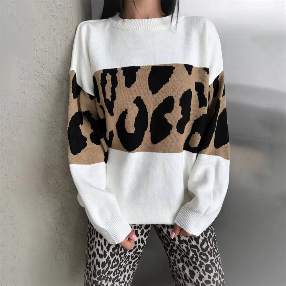 Autumn Winter Vintage Leopard Print Women's Sweater Loose Causal Oversized Knitwear Women Fashion Oneck Female Clothing 2025New