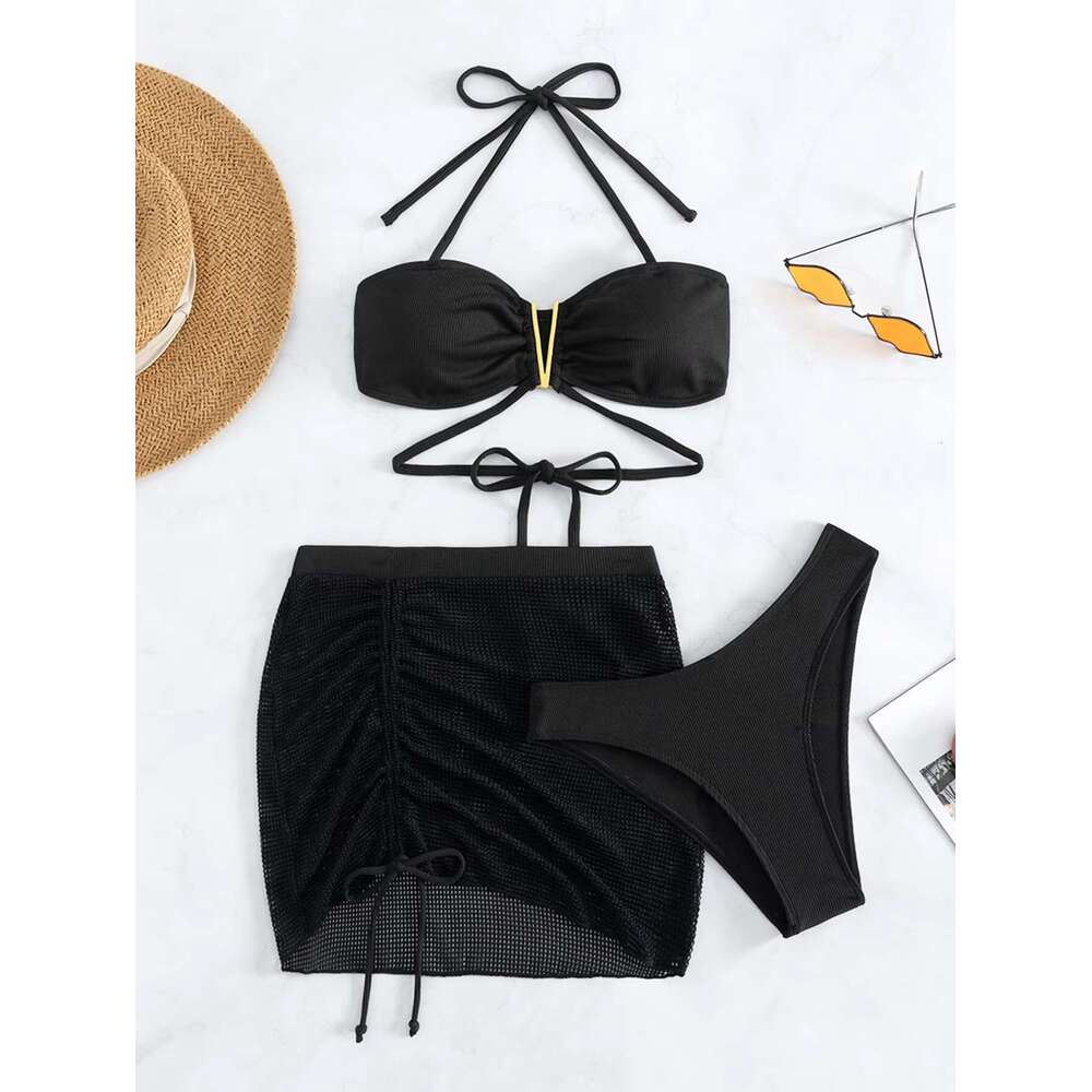 3 Pieces Black V Wire Halter Bikini 2024 Women & Beach Skirt Swimwear Female Swimsuit Solid Beachwear Bathing Swimming Suit