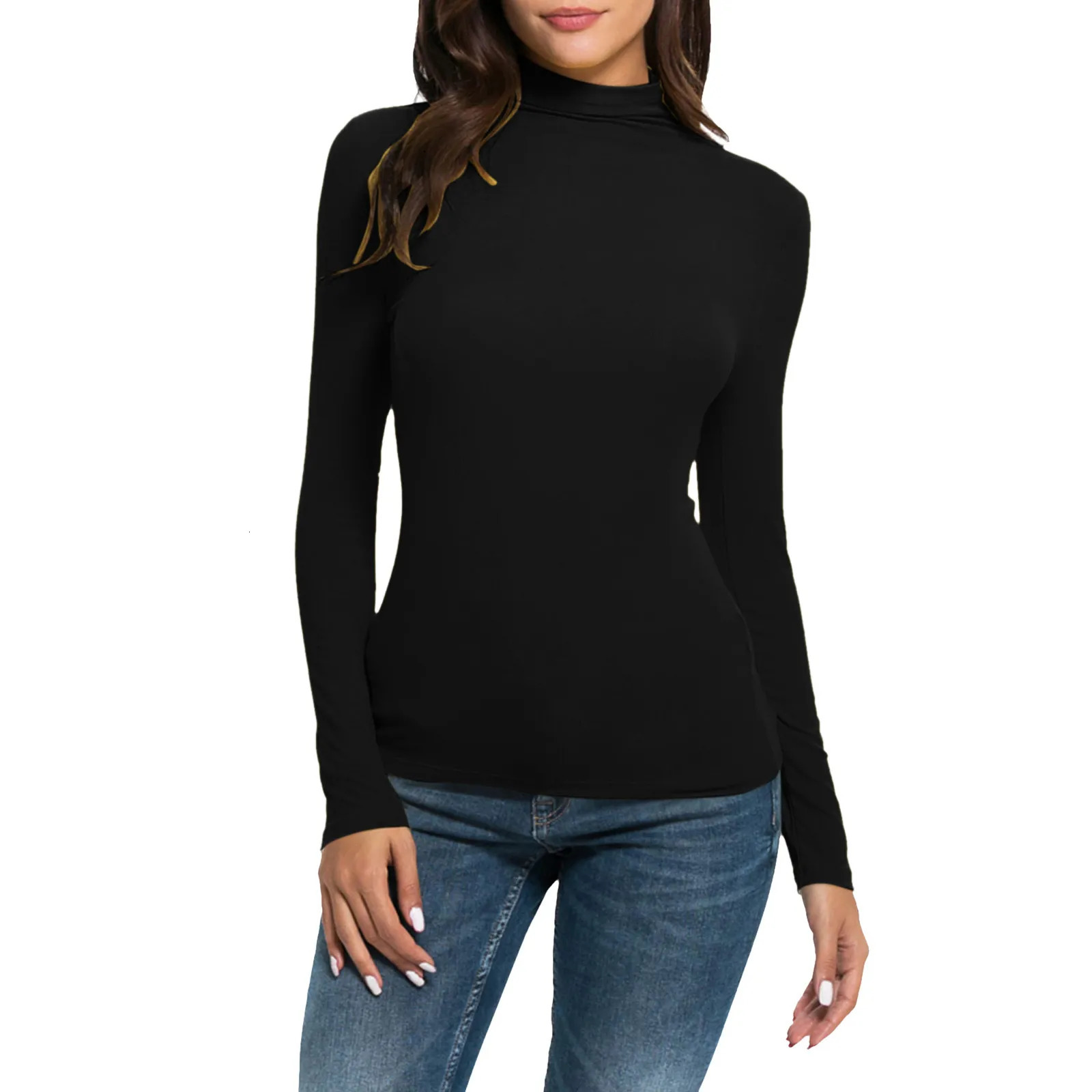Women Long Sleeve T Shirts Spring Solid Turtleneck Slim Loose Tops Fit Casual Pullover Basic Tee Y2k Crop 250211
