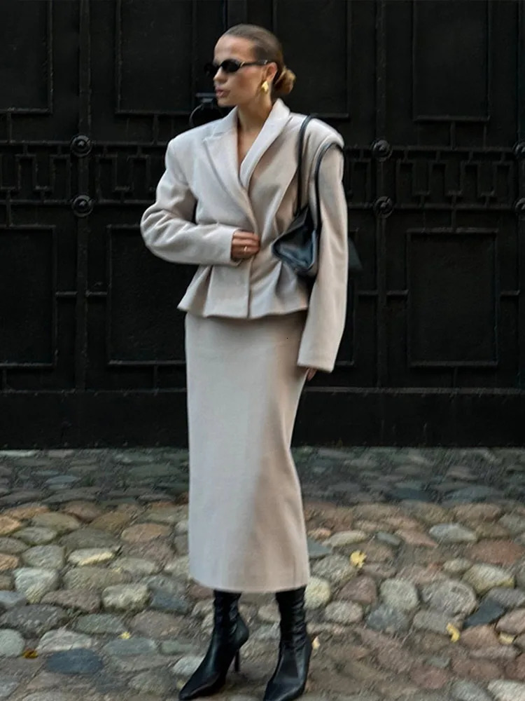 Fashion Women 2 Piece Set Outfit Elegant Pleated High Waist Slim Full Sleeve Coat Long Skirt 2025 Spring Ladies Commuting Suit 250213