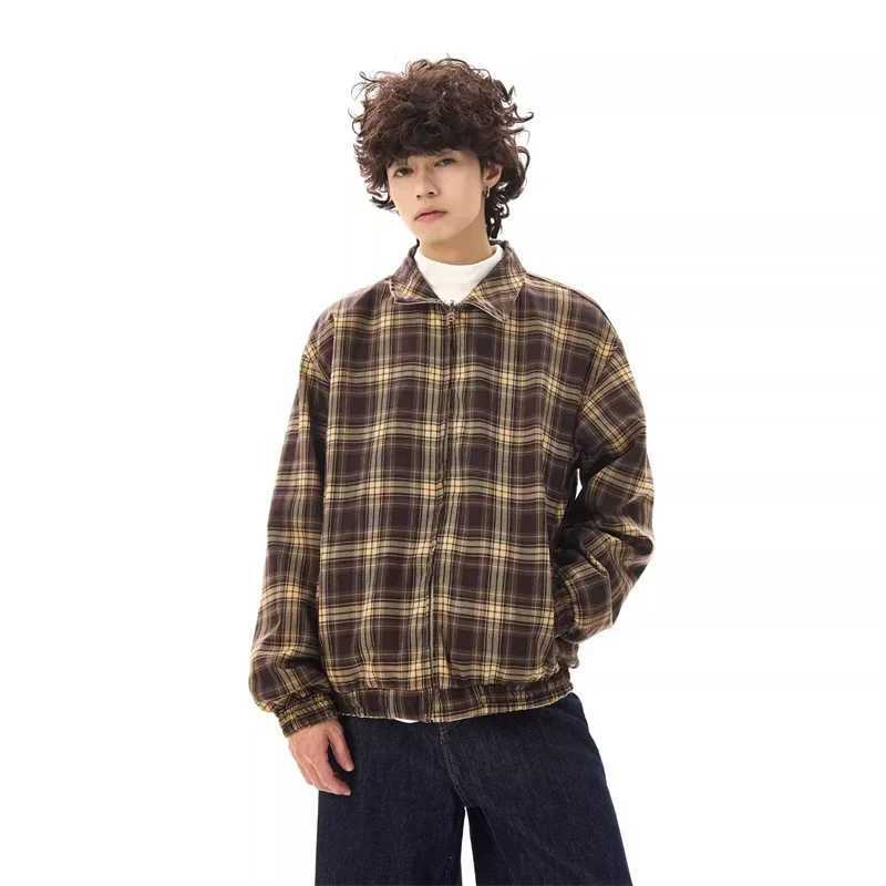 Winter Vintage Plaid Zipper Reversible Jacket For Men Autumn Lapel Baseball Uniform Y2K Streetwear Outerwear Bomber jackets X250213