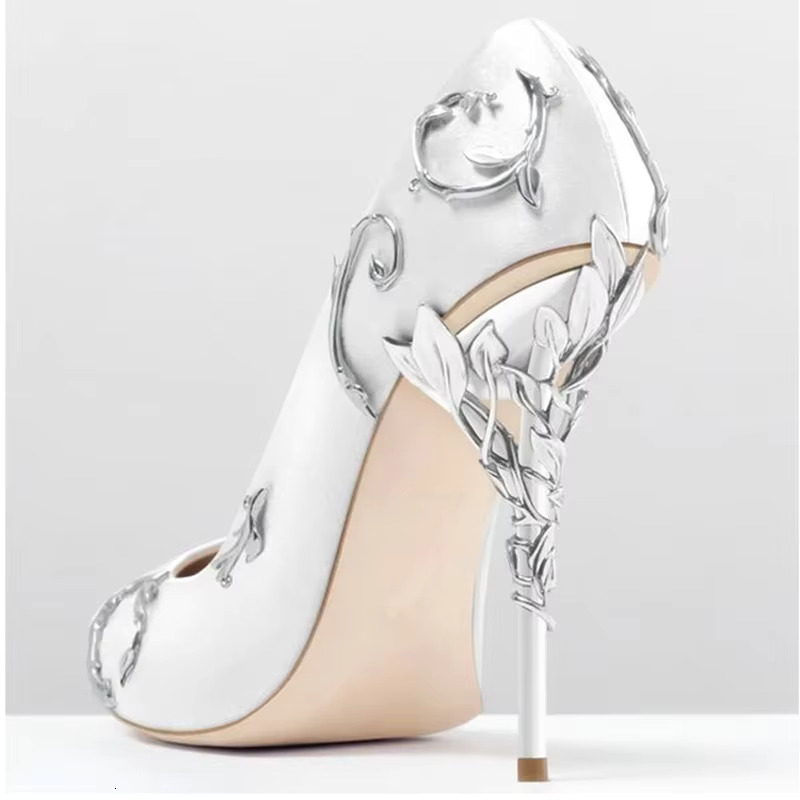 White Royal Blue Carved Metal Ral Branch Wrapped Heels Silk Pumps Glitter Buds Stilettos Pointed Toe Wedding High Heel Shoes