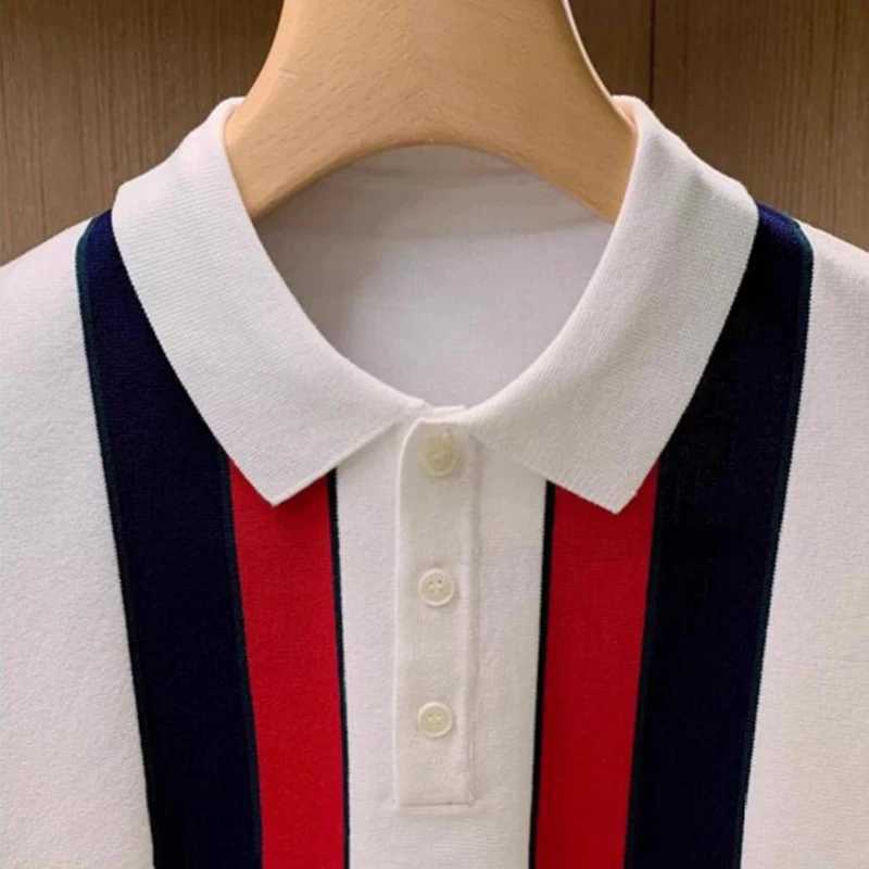 Luxury Striped Knitted Mens Polo Shirts Fashion Contrast Color Short Sleeve Slim Polo Tops Men Summer Vintage Button Lapel Polo X250213
