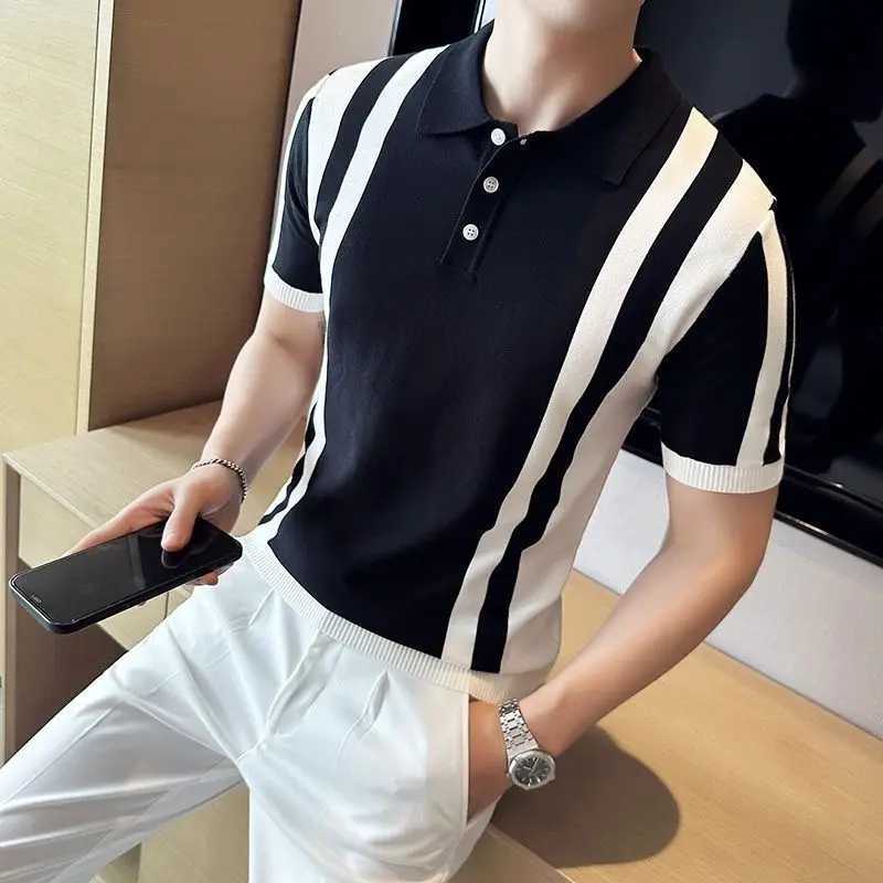 2024 New Summer Retro Casual Business Fashion Polo Necklace with Contrast Stripe Printed Short Sleeve Ice Silk Mens T-shirt X250213