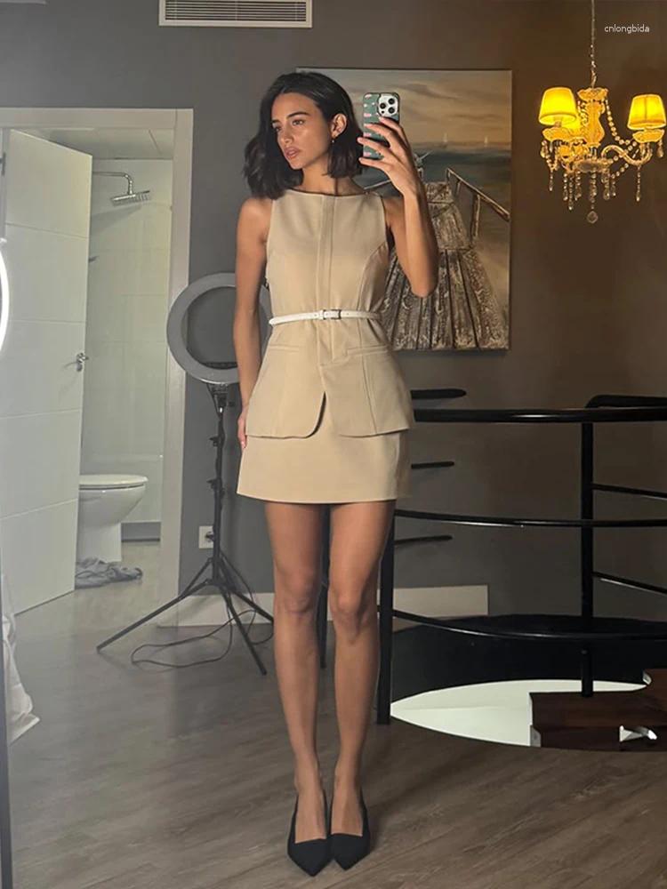 Casual Dresses Mini Skirt 2 Piece Sets Women Solid Slim O Neck Sleeveless Waistcoat With Belt A Line Summer Office Commute Outfit