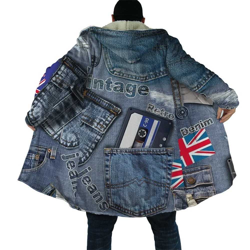 HX Winter Cape Fake Vintage Denim UK Flag Pocket 3D Printed Hooded Cloak for Men Windproof Fleece Hoodie Mens Coats Dropshipping X250213