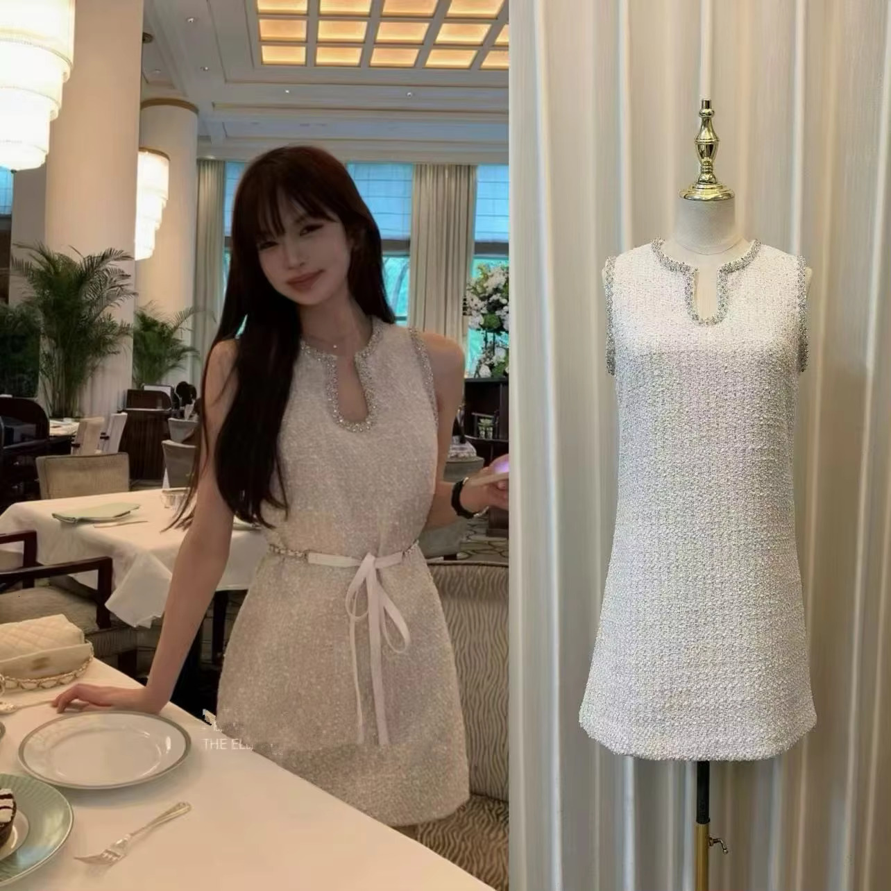 2024 Runway Women Dias Sequins V Neck Tank Prom Party Mini Dress Autumn Winter Tweed Sleeveless Vest Weave A E Clohtes