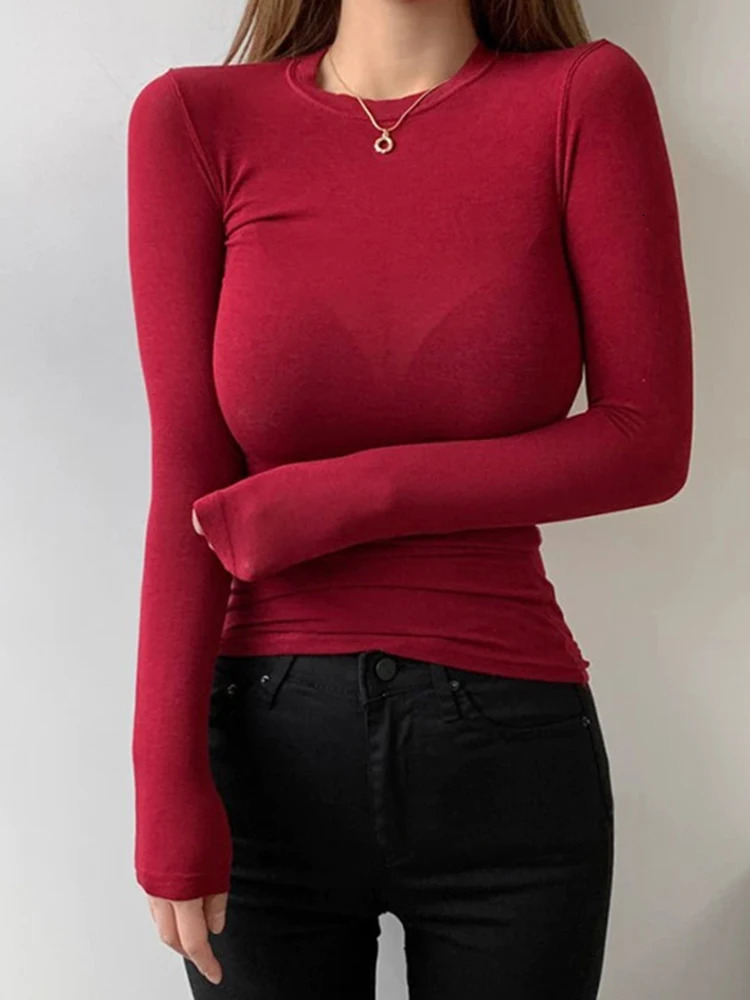 T Shirt Korean Style Slim Tshirts 2024 Sexy Cotton Long Sleeve Summer Tops Soft Thin Transparent Tee Femme White 250114