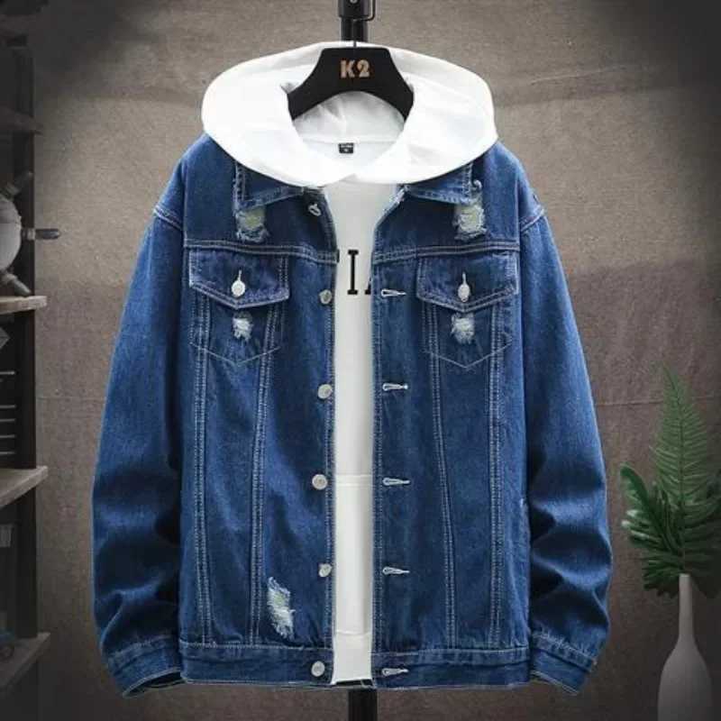 Mens Denim Jacket Autumn Ripped Male Jean Coats with Hole Punk Trendy Y2k Korea Menswear Vintage Clothing Winter Outerwear Rock X250213