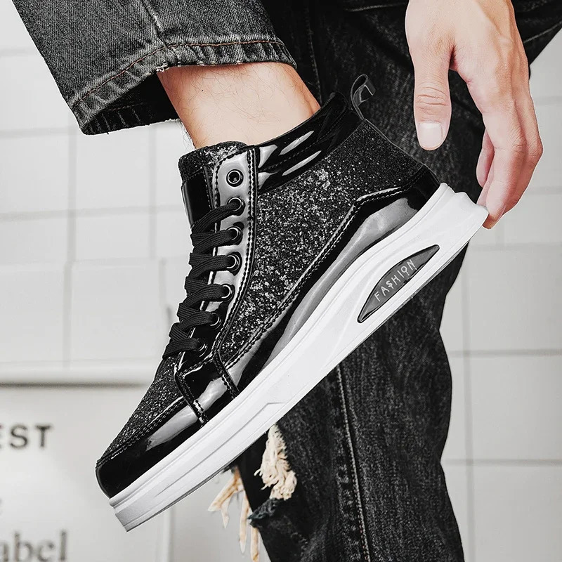 2025 Fashion Gray Mens High Top Shoes Glitter Leather Man Casual Sneakers Streetwear Hip-hop Skateboard Shoes Men Plus Size 250208
