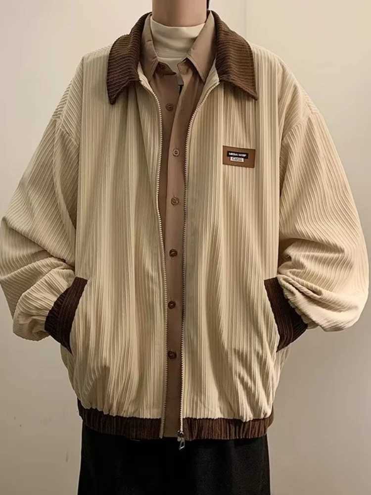 Mens Jackets Contrast Color Vintage Hong Kong Style Loose Leisure All-match Cozy Lapel Teens Streetwear Youthful Warm Classic X250213