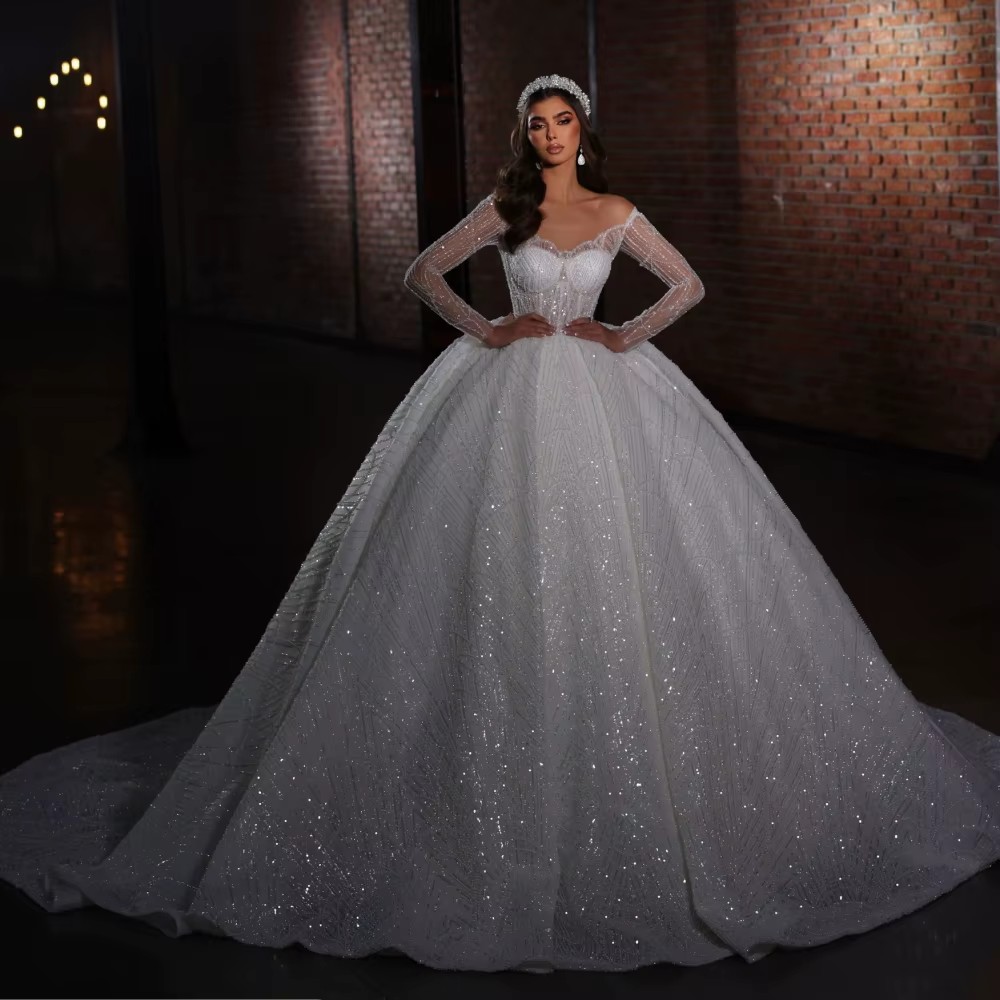 Ball Gown Wedding Dress For Women Scoop Neck Long Sleeves Bridal Gowns Sequins Sweep Train Dresses Custom Made vestidos de novia