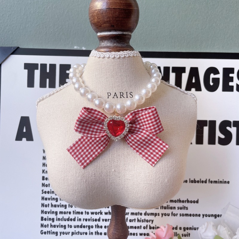 pearl dog collar with bow cat necklace collar personalized
