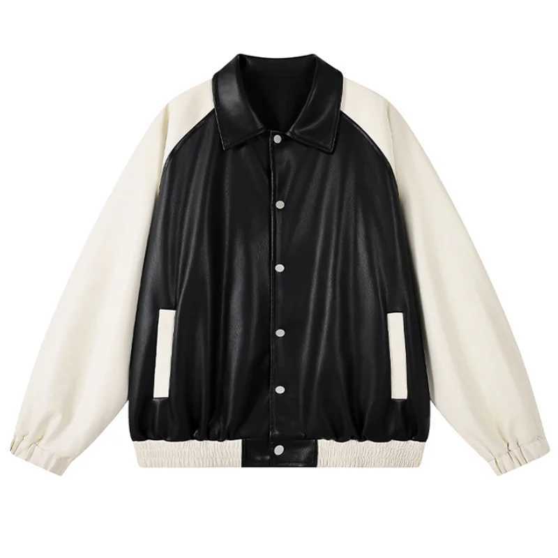 American retro leather jacket mens jacket cool casual patchwork jacket casual loose motorcycle leather jacket mens jacket X250213