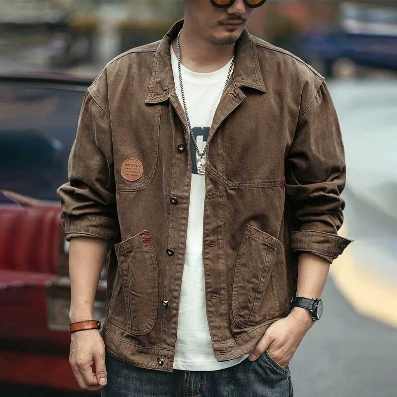 American style retro workwear mens spring trend fully matched denim jacket casual loose embroidered lapel patch work jacket X250213