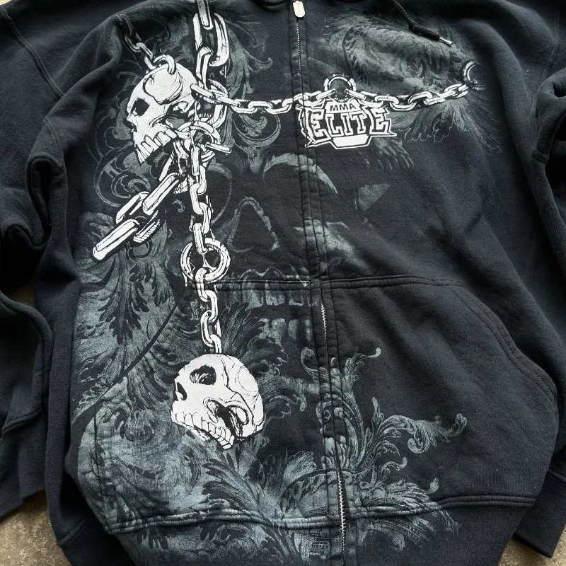 Y2K American Fashion Oversized Skull Print Hooded Sweater Women Harajuku Vintage Hip Hop Casual Joker Sweatshirt Top 250213