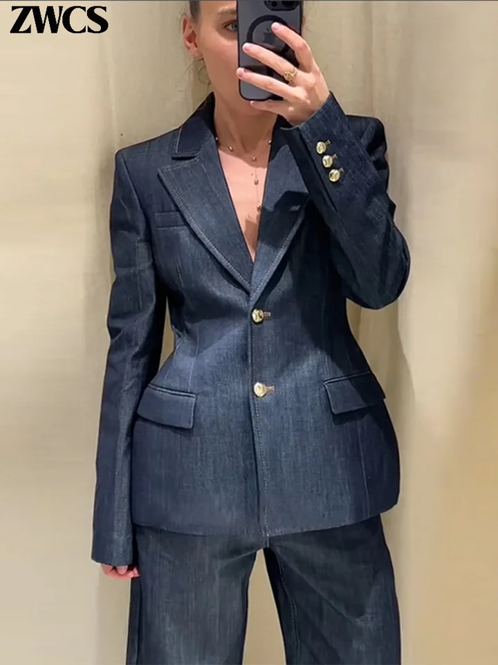 Elegant Denim Blazer Vest Pants Set Women Single-breasted V-Neck Suit Coat Strapless Tanks Straight Leg Jeans 2025 Lady Suit 250213