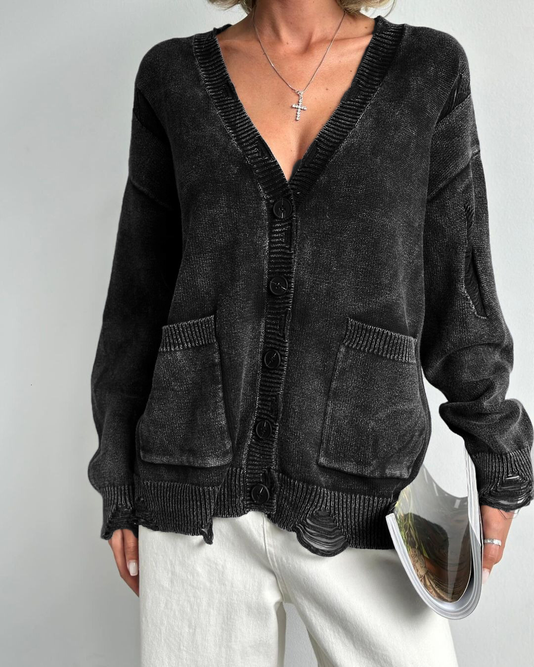 2025 New Hole Retro Vintage Button Knitted Cardigan Women Oversized Soft Tops Autumn Female Fashion Loose Fit Causal Sweater