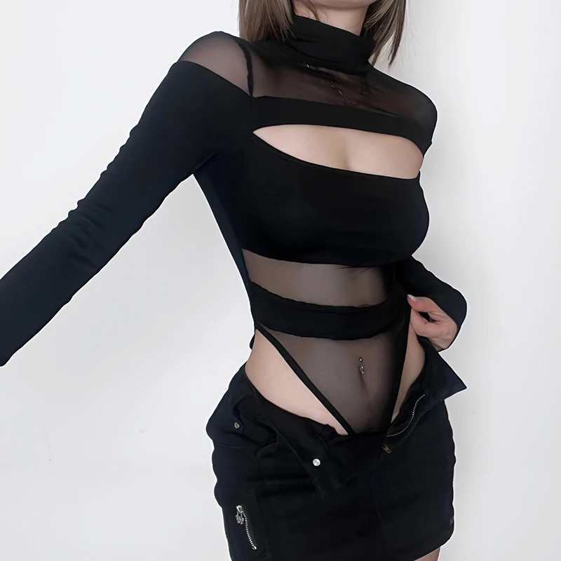 CIBBAR Black Hollow Out Bodysuit Mesh Patchwork Solid Full Sleeve See Through Bodycon Jumpsuit for Women Club Party Outfits Lady 250211