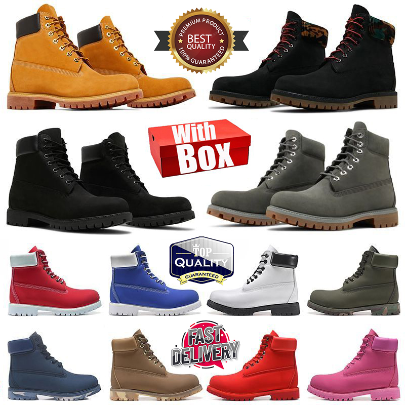 With Box 6 Inch Classic Wheat Leather Designer Boots Woman Fashion Womens Boots Mens Booties Brown Cowboy Cowgirl Pink Red Army Green Ankle Winter Snow Boot