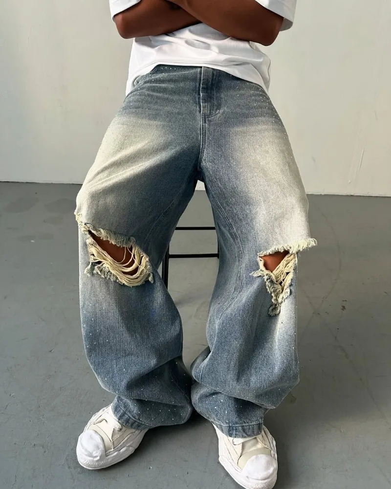 Y2K baggy jean American street style hole phantom fashionable lines floor length pant Gothic washed Cat whisker hip hop men pant 250213