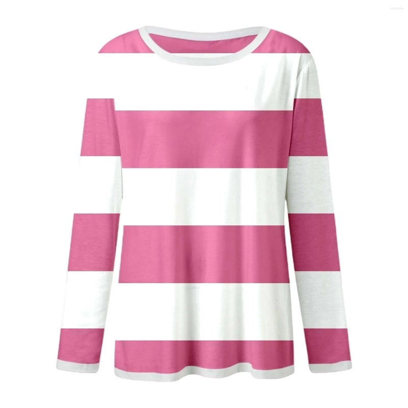 Womens T Shirts Women Striped Print Long Sleeve Blouse Autumn Round Neck Sweatshirt Casual Basic Tops Streetwear Pullover Shirt For