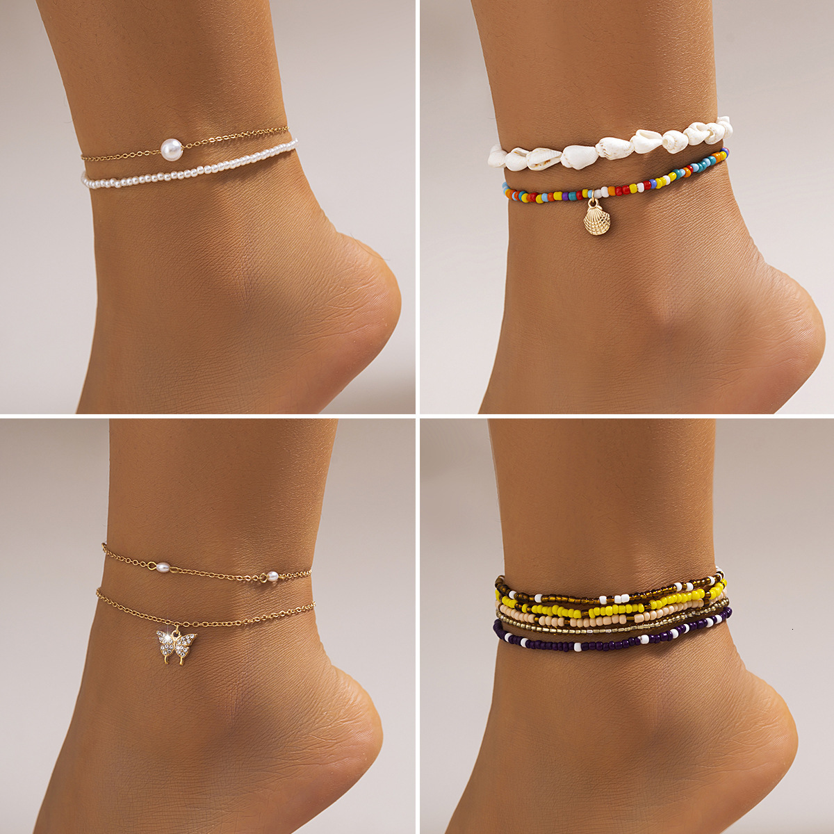 fashion Bohemian Shell Conch designer Set Ankle Chain Small Metal Versatile Rice Bead Anklet Woman