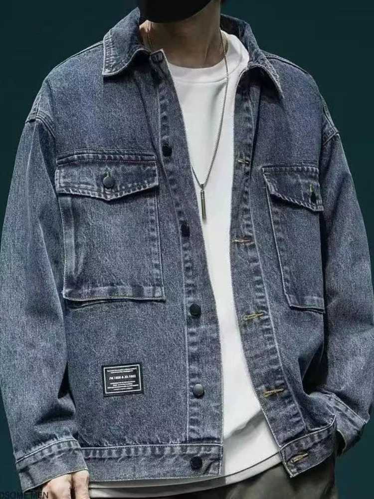 Mens Jean Coats Cargo Vintage Mens Denim Jacket Washed Aesthetic Outwear Menswear Korean Popular Clothes Size L Clothing Korea X250213