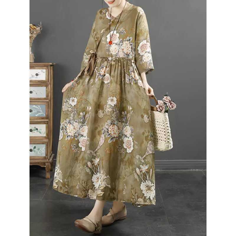 X0219 Spring and summer literary style loose plus size women's print V-neck three-quarter sleeves medium length waist slimming dress
