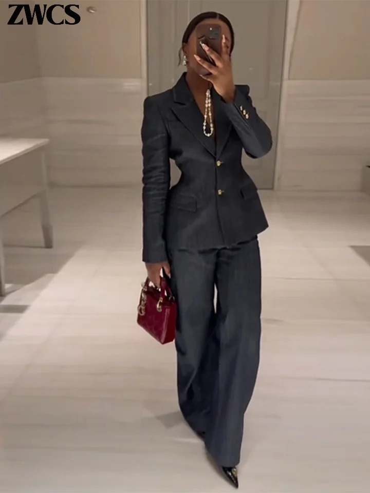 Elegant Denim Blazer Vest Pants Set Women Single-breasted V-Neck Suit Coat Strapless Tanks Straight Leg Jeans 2025 Lady Suit 250213