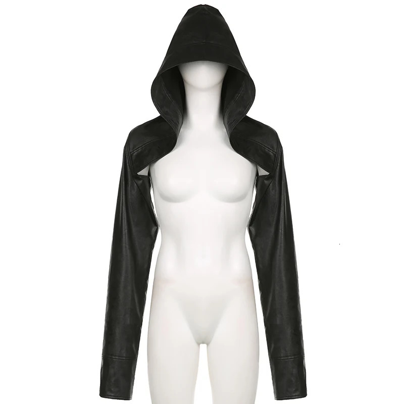 BIIKPIIK Fashion Streetwear Leather Jacket Punk Gothic Black Hooded Coat For Women Full Sleeve All-match Outfit Club Vintage 250206