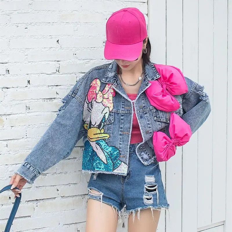 Cartoon Patch Embroidery Sequins 3D Bowtie Denim Coat Women Loose Jeans Bowknot Bomber Jacket Cardigan Streetwear Patch Tops 250213