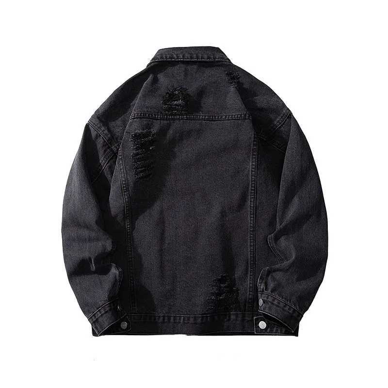 Mens Hole Jeans Jacket Black Blue Denim Coat Casual Outerwear Fashion Outfit for Men Retro Clothing X250213